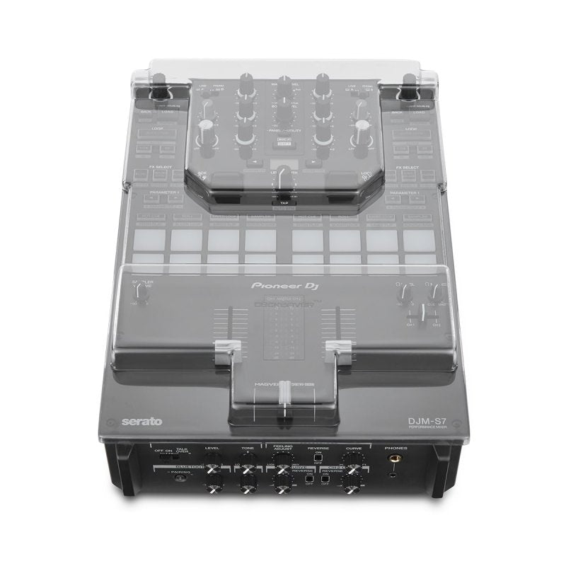 Decksaver cover for Pioneer DJ DJM-S7 mixer, clear protective plastic cover with custom fit for DJ equipment.