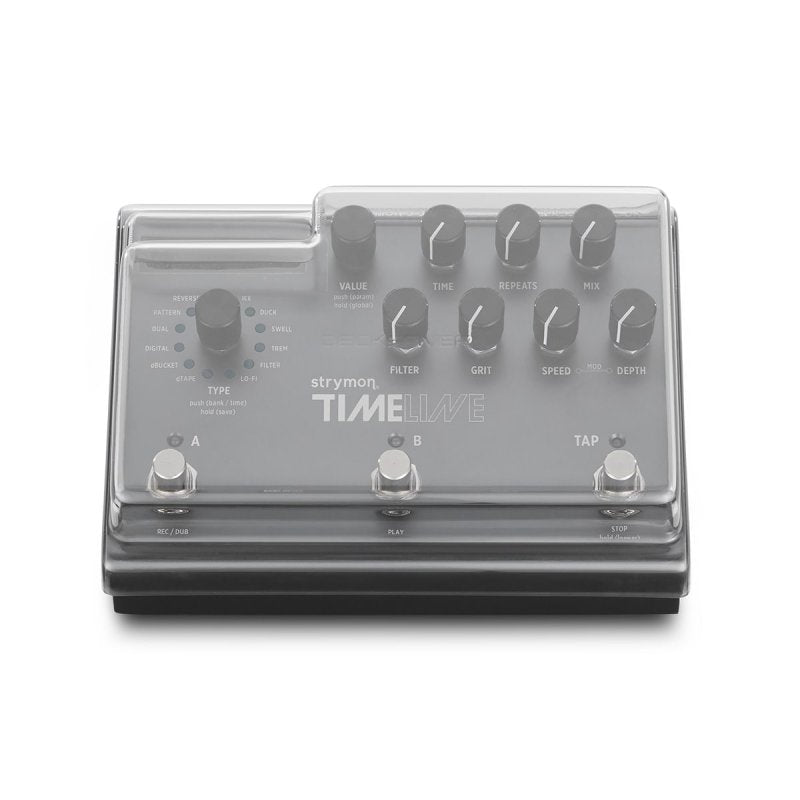 Decksaver effect pedal cover for Strymon 3 Switch pedal, clear plastic protective case with black foam interior.