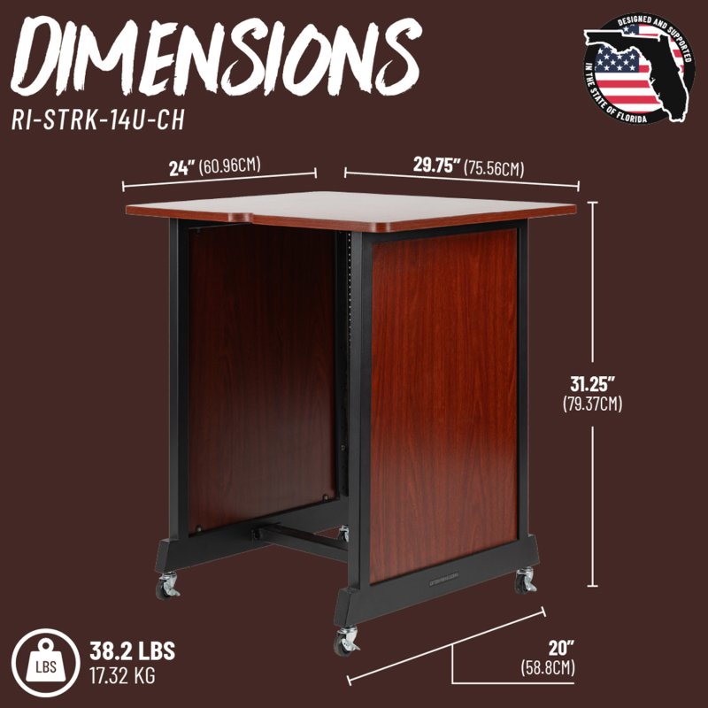 Gator RI-STRK-14U-CH 14U Wood Rack Cabinet with Casters and Leveling Feet in Cherry Finish
