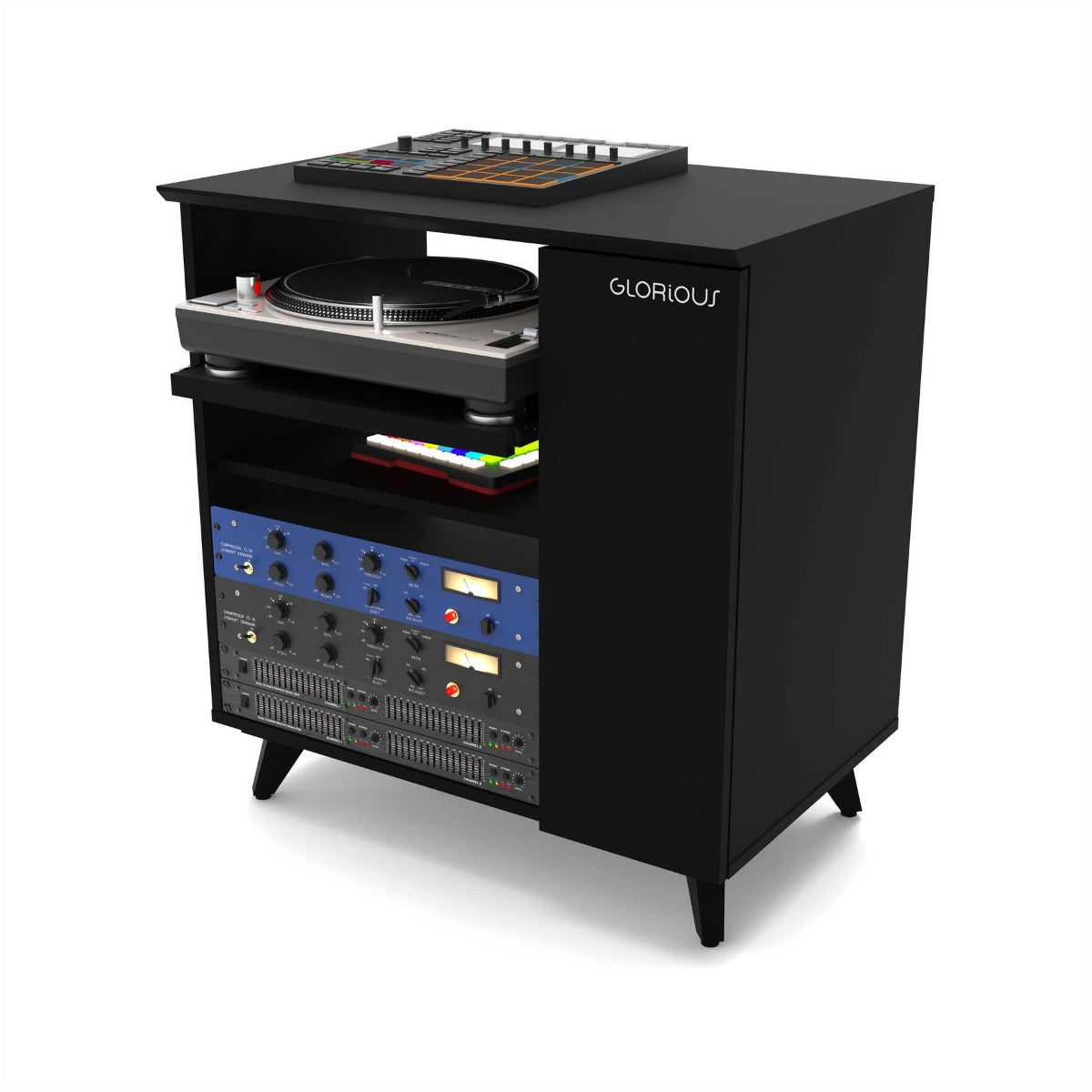 Black Glorious Modular Studio Side Rack for studio stations, featuring multiple shelves and a sleek, functional design.