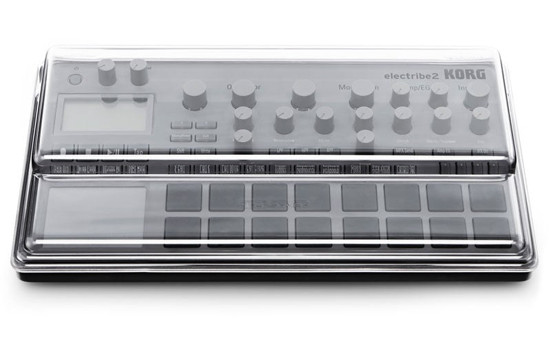 Decksaver cover for Korg Electribe 2 groovebox, smoked and clear protective plastic, showing the slim, custom-fit design on the device