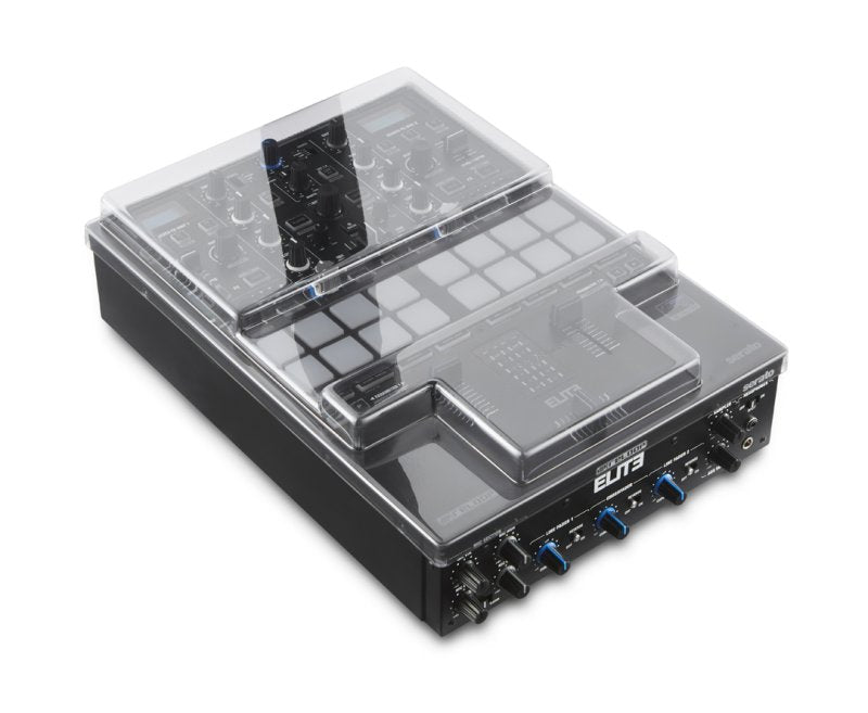 Decksaver Reloop Elite DJ mixer cover, clear plastic protective cover for Reloop Elite DJ mixer on a flat surface.