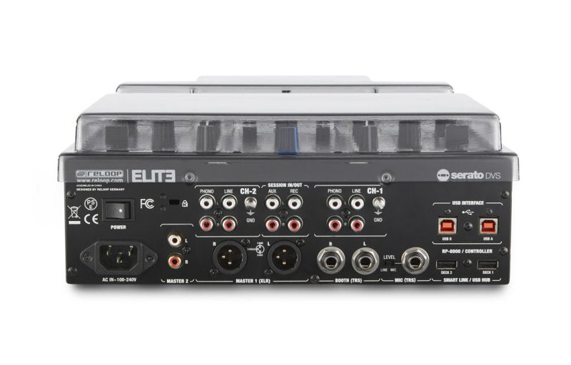 Decksaver Reloop Elite DJ mixer cover showing transparent protective plastic cover for Reloop Elite DJ mixer.
