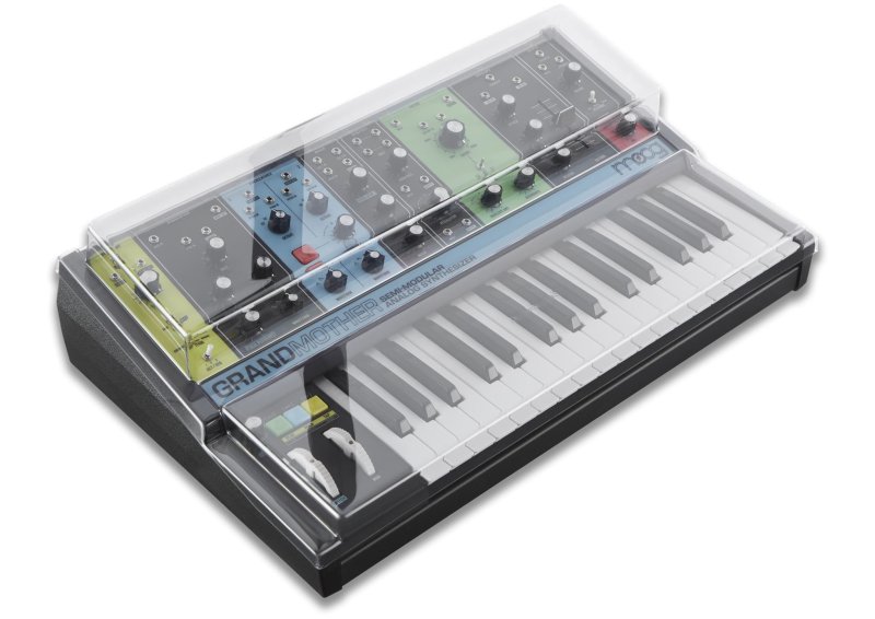 Decksaver Moog Grandmother synthesizer cover protecting the instrument from dust and damage, made of durable material.