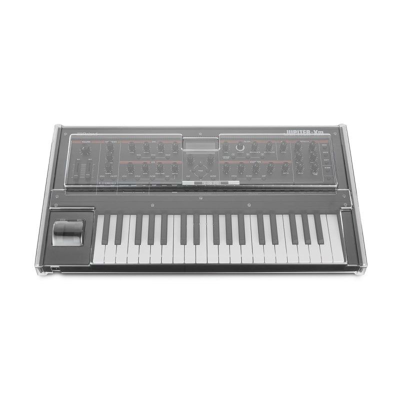 Decksaver cover for Roland Jupiter Xm synthesizer, clear protective plastic case with precise fit and branding details.