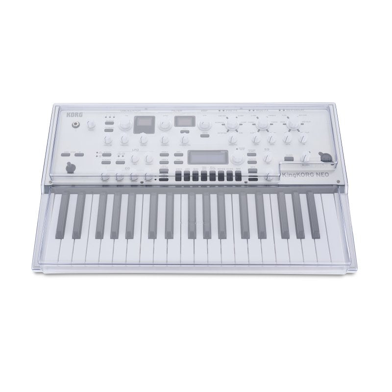 Decksaver cover for Korg King Korg NEO synthesizer, clear protective plastic cover on a keyboard synthesizer.