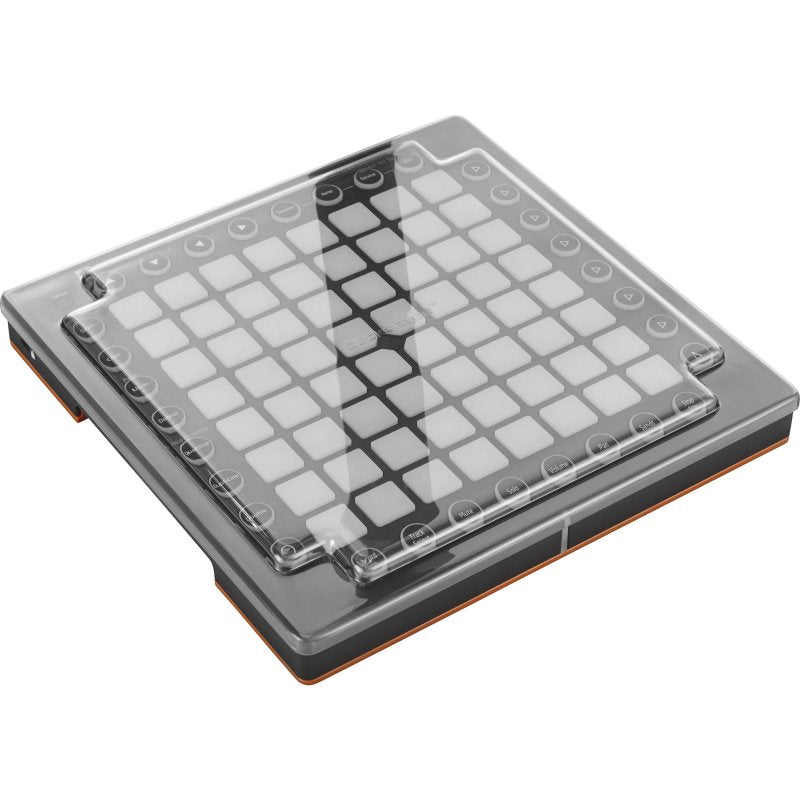 Decksaver Novation Launchpad cover in smoked and clear plastic, designed to protect producer controller from dust and damage.