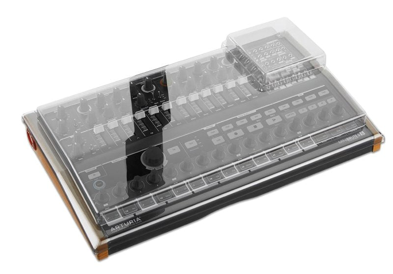 Decksaver cover for Arturia MiniBrute 2S synthesizer, transparent protective case on the synth in a clean setup.