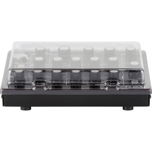 Decksaver cover for Moog Minitaur synthesizer, smoked and clear plastic protective cover, designed to shield the instrument.