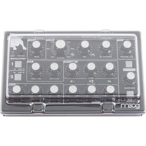 Decksaver cover for Moog Minitaur synthesizer, smoked and clear protective synth cover by Decksaver, fits securely over the device.
