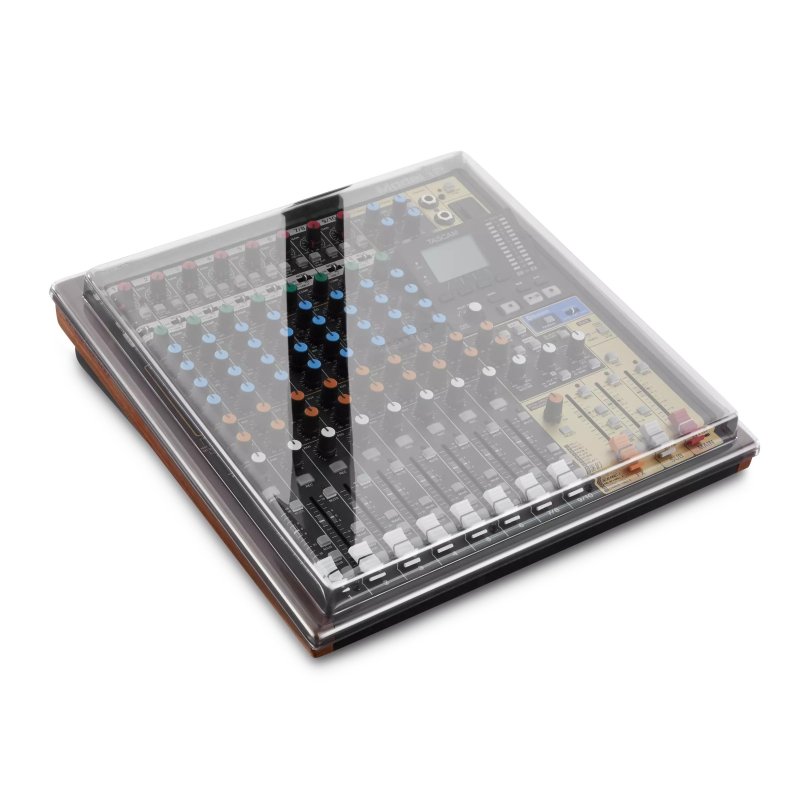 Decksaver cover for Tascam Model 12 pro audio mixer, clear protective plastic case fitting over the device.