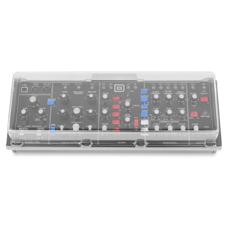 Decksaver Behringer Model-D synthesizer cover showing a soft-fit protective shell over the synth in a close-up shot.