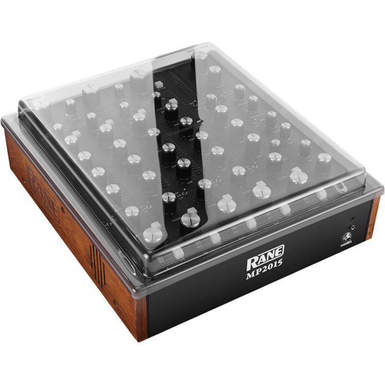 Decksaver Rane MP2014 DJ mixer cover protecting the Rane MP2014 from dust and damage. Durable black plastic design.