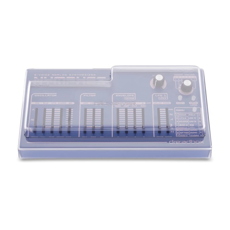Decksaver cover for Dreadbox Nymphes synthesizer, clear protective plastic case showing snug fit over the device.