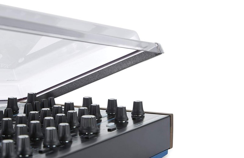 Decksaver polycarbonate cover for Novation Peak analog synthesizer, protecting the synthesizer from dust and damage.