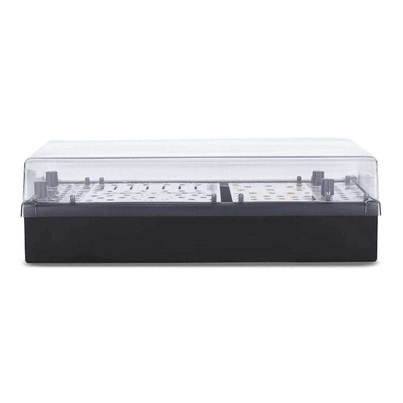 Decksaver synth cover for 4MS Company Pod64X, protective clear plastic case for the synthesizer in a studio setting
