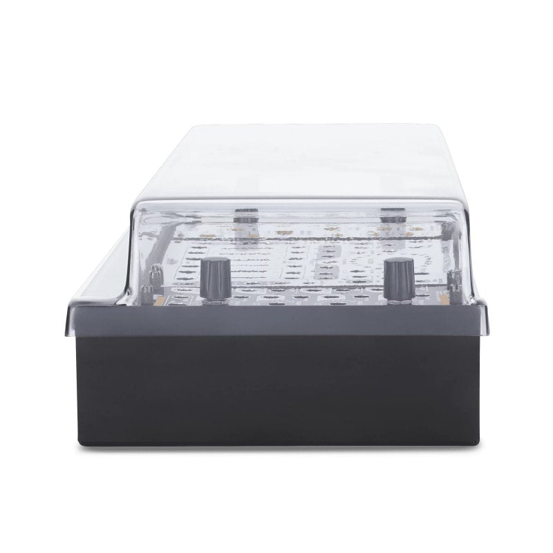 Decksaver cover for 4MS Company Pod64X synthesizer, clear protective plastic case with precise cutouts for safe storage and transport.