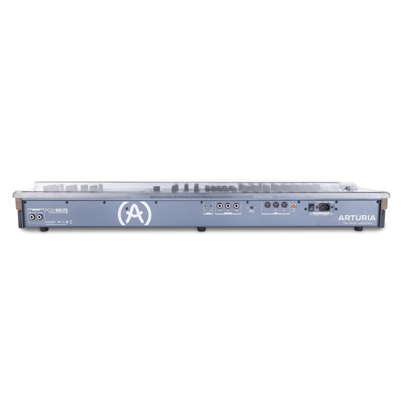 Decksaver cover for Arturia Polybrute synthesizer, clear protective plastic case fitting over the keyboard and controls.