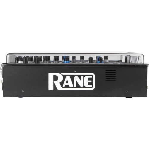 Decksaver Rane Sixty-Four DJ mixer cover showing a protective clear plastic cover over the mixer with control knobs and faders.