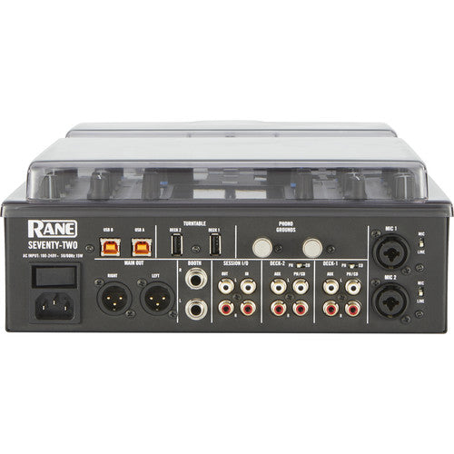 Decksaver cover for Rane Seventy-Two DJ mixer, clear protective plastic shield with branding, designed to safeguard the equipment.