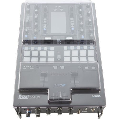 Decksaver cover for Rane Seventy-Two DJ mixer, clear protective plastic shield on the mixer for safe transport and storage.