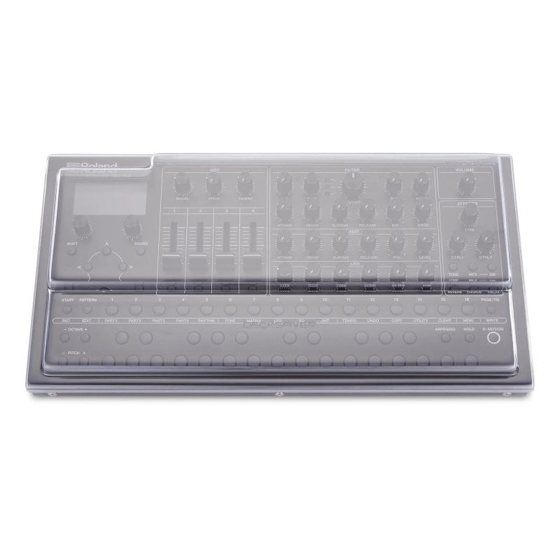 Decksaver cover for Roland SH-4d synthesizer, showing clear protective plastic casing with cutouts for controls and connections.