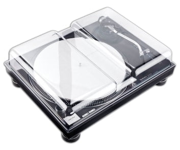 Decksaver polycarbonate cover on Technics SL-1200 turntable, protecting the deck from dust and damage.