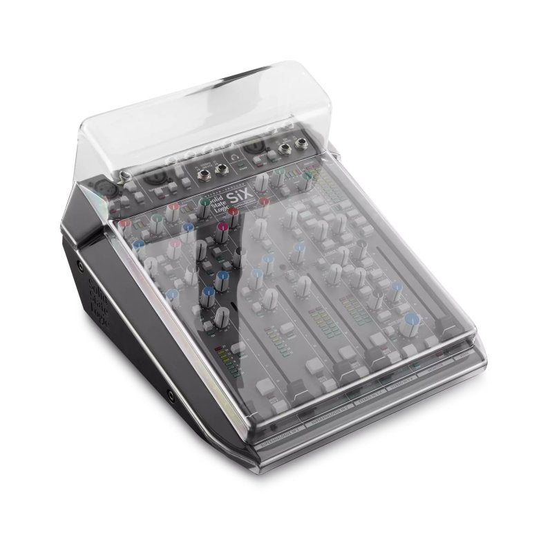 Decksaver cover for Solid State Logic SiX pro audio mixer, clear protective plastic shield on the device.