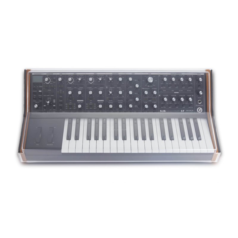 Decksaver cover for Moog Subsequent 37 synthesizer, protective plastic cover with custom fit and logo, protecting the keyboard.