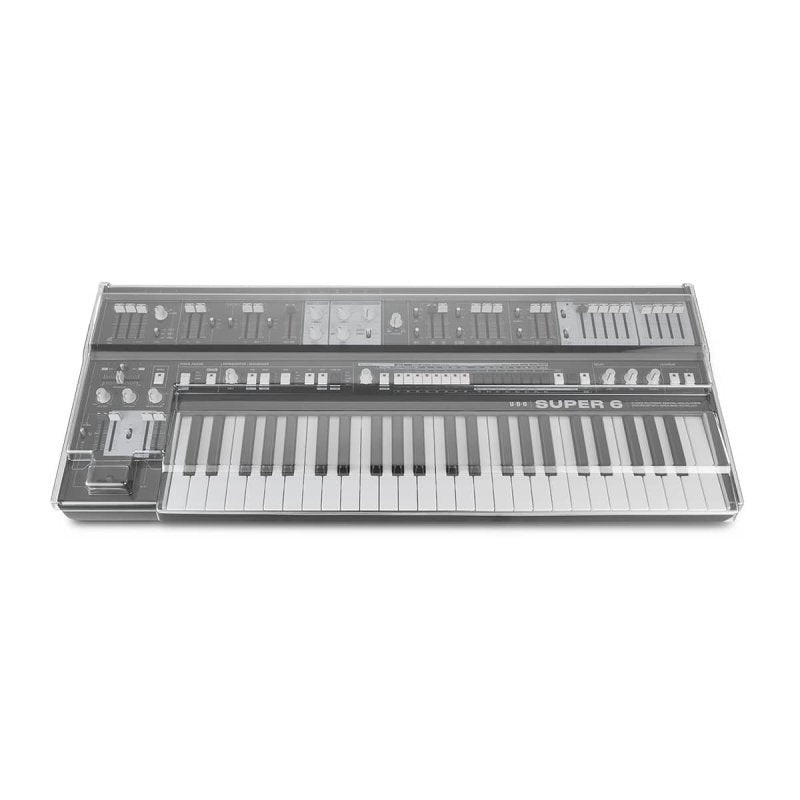 Decksaver cover for Udo Super 6 synthesizer, clear protective plastic cover with branding, designed to shield the instrument.