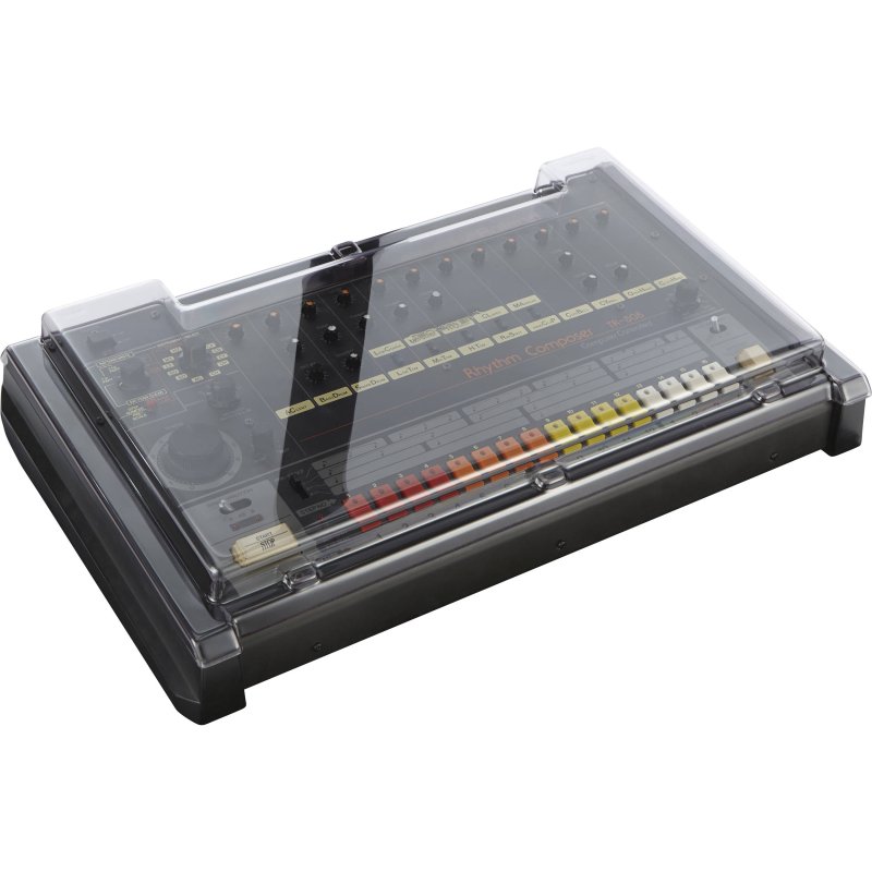 Decksaver smoked and clear cover for Roland TR-808 drum machine, protecting grooveboxes with a sleek plastic design.