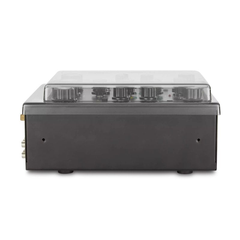 Decksaver DJ mixer cover for Omnitronic TRM-202, clear protective plastic case with precise fit and branding details.