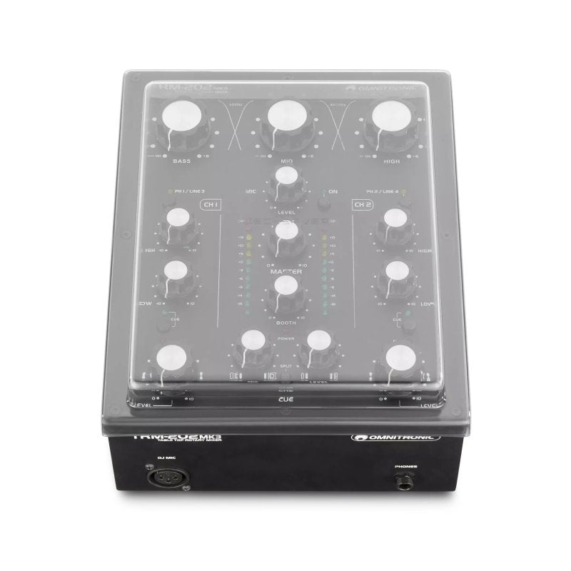Decksaver cover for Omnitronic TRM-202 DJ mixer, clear protective cover designed to fit and safeguard the device.
