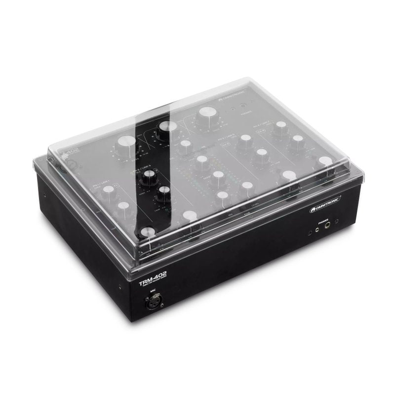 Decksaver cover for Omnitronic TRM-402 DJ mixer, transparent protective plastic shield showing fitted over the device.