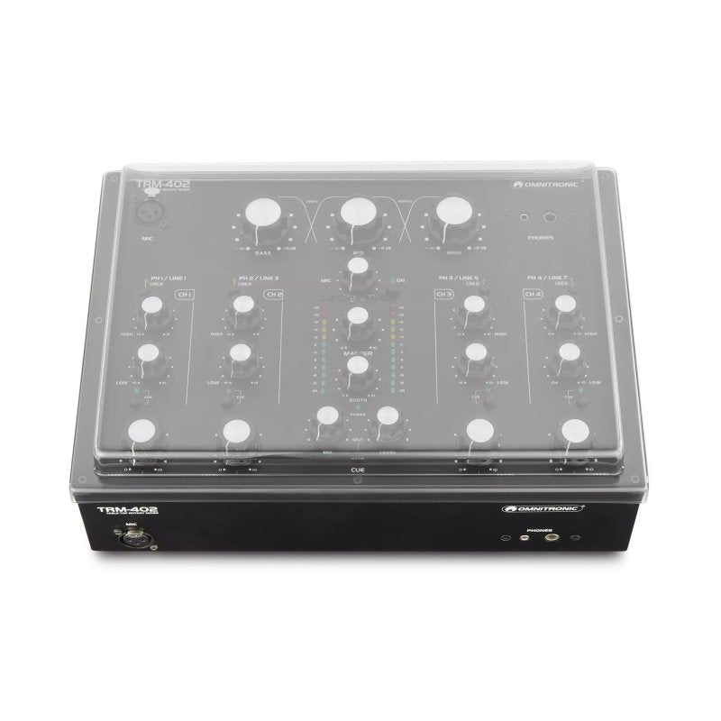 Decksaver DJ mixer cover for Omnitronic TRM-402, clear protective plastic cover showing the mixer underneath.