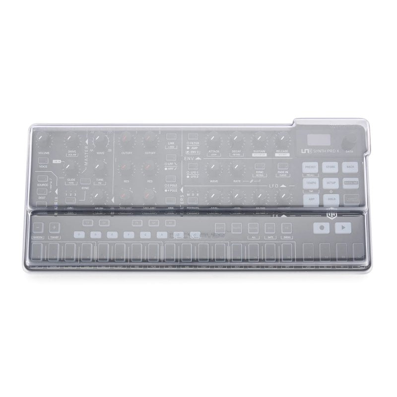 Decksaver cover for Ik Uno Synth Pro X synthesizer, protective plastic case with cutouts for controls and ports.