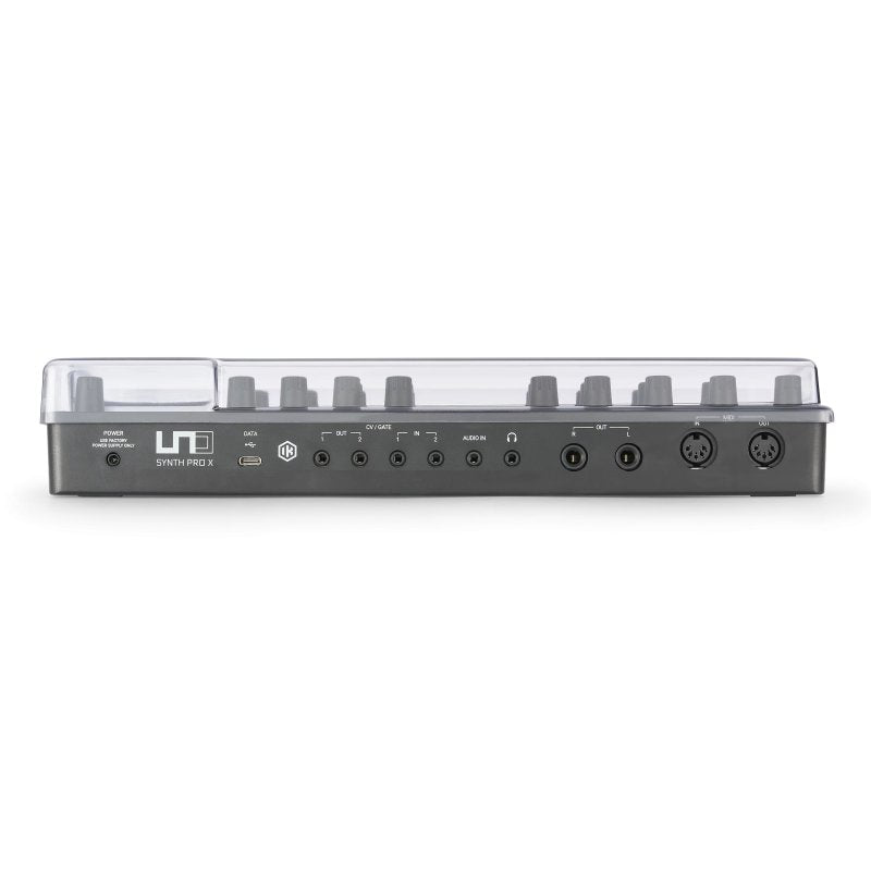Decksaver cover for Ik Uno Synth Pro X synthesizer, protective plastic cover with clear visibility for the synth's controls and inputs.