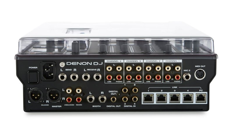 Decksaver cover for Denon X1800 Prime DJ mixer, smoked and clear plastic, protective and dust-resistant.