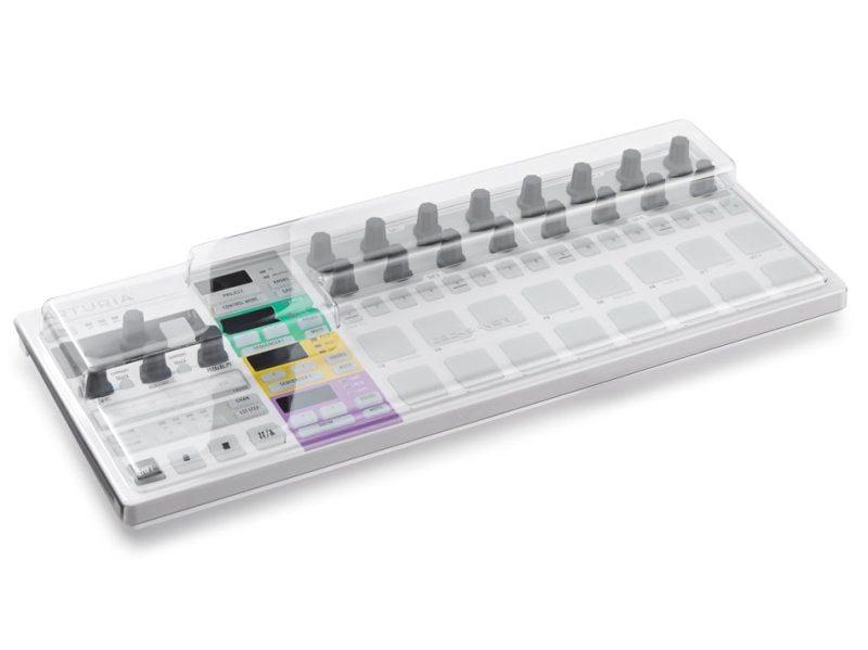 Decksaver Arturia Beatstep Pro cover in smoked/clear plastic, designed to protect grooveboxes during studio setup.