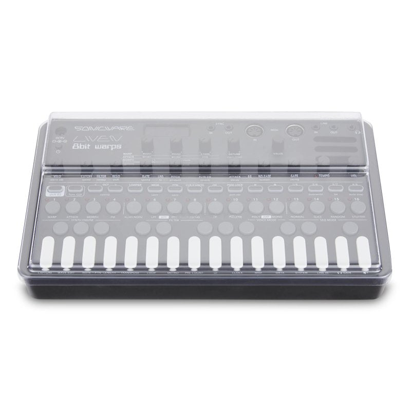 Decksaver cover for Sonicware Liven synthesizer, clear protective plastic cover with custom fit for the electronic instrument.