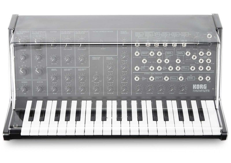 Decksaver cover for Korg MS-20 Mini synthesizer, clear protective plastic cover, designed to fit and protect the synth from dust and damage.