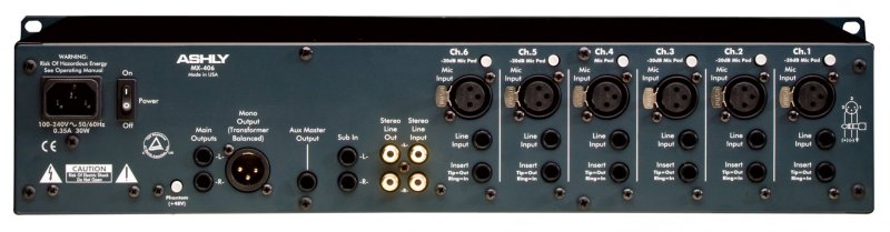 Ashly MX406 Six Channel Rackmountable Stereo Line and Microphone Mixer with Switchable Pad, 48V Phantom Power an 