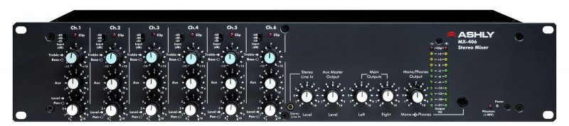 Ashly MX406 Six Channel Rackmountable Stereo Line and Microphone Mixer with Switchable Pad, 48V Phantom Power an
