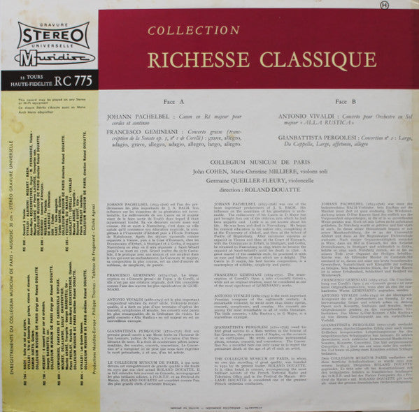 Le Célèbre Canon De Pachelbel / Alla Rustica / Concertino N° 2 / Concerto Grosso Johann Pachelbel,Antonio Vivaldi,Giovanni Battista Pergolesi,Francesco Geminiani,Collegium Musicum De Paris,Roland Douatte