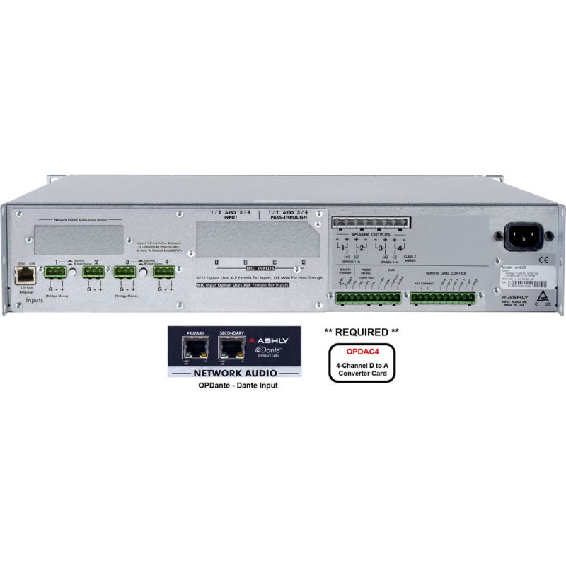 Ashly NE4250.70BD 4-Channel 1000W Network-Enabled Power Amplifier with OPDAC4 and OPDante Cards (70V)