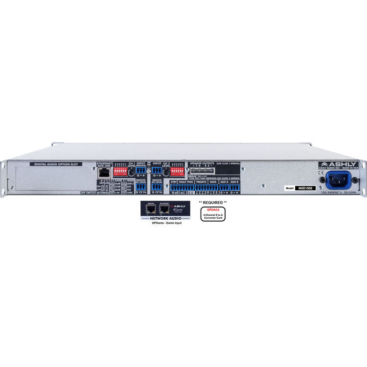 Ashly NXE1502BD nXe Series 2-Channel Networkable Multi-Mode Power Amplifier with OPDAC4 & OPDante Cards 