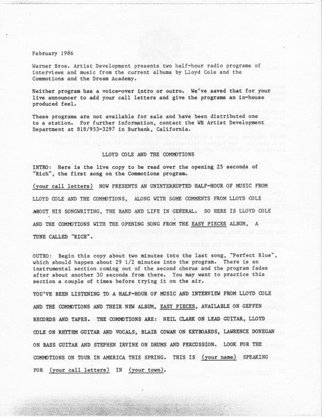 The Warner Bros. Music Show (Live) The Dream Academy,Lloyd Cole & The Commotions