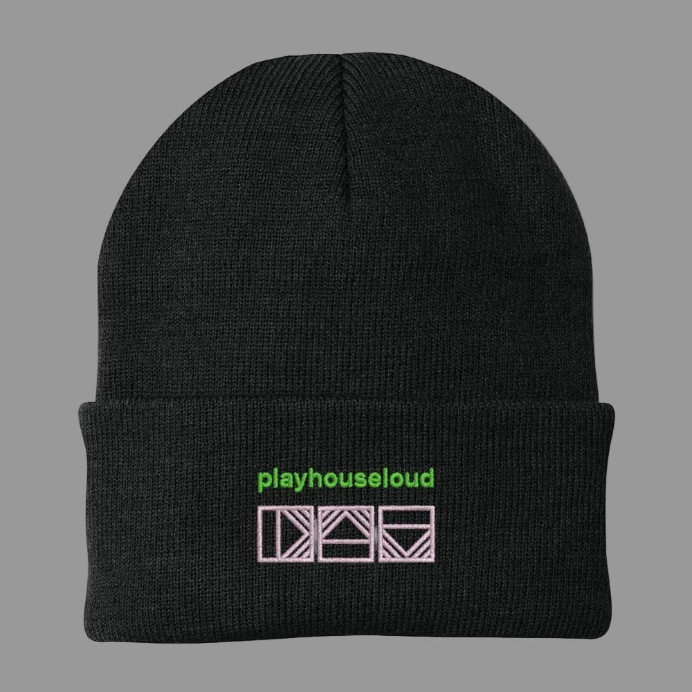 Play House Loud Knitted Hat | Rectangle Triangle | Play House Loud Knitted Hat
Colour: Black
Embroidery: Neon Green and Pink
  | apparel