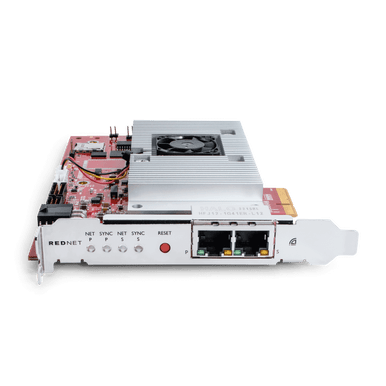 Focusrite Pro RedNet PCIeNX audio interface card with 128 x 128 Dante connectivity, shown from a front elevated view.