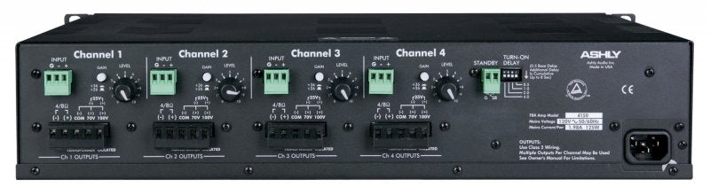 Ashly TRA4150 Rackmount 4-Channel Power Amplifier with 70V/100V Transformer - 40 Watts per Channel at 8 Ohms